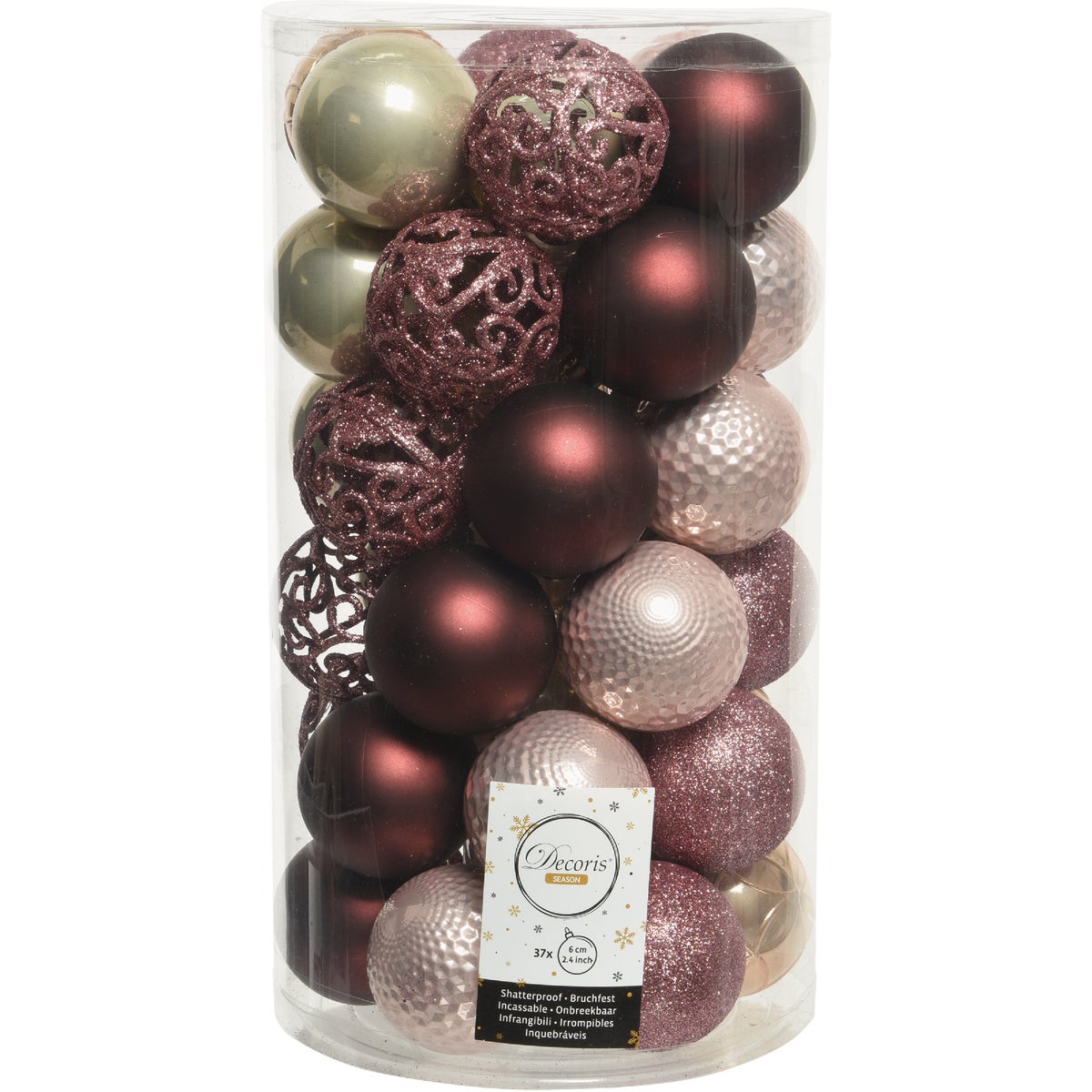 Decoris 2.4 In. Shatterproof Blush Pink, Butterscotch, Pearl, & Red Bauble Christmas Ornament (37-Pack)