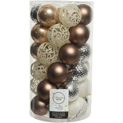 Decoris 2.4 In. Shatterproof Butterscotch, Silver, Walnut, & Wool White Bauble Christmas Ornament (37-Pack)