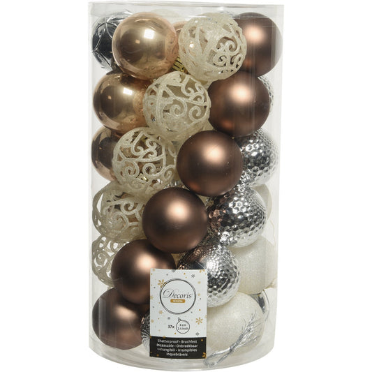 Decoris 2.4 In. Shatterproof Butterscotch, Silver, Walnut, & Wool White Bauble Christmas Ornament (37-Pack)