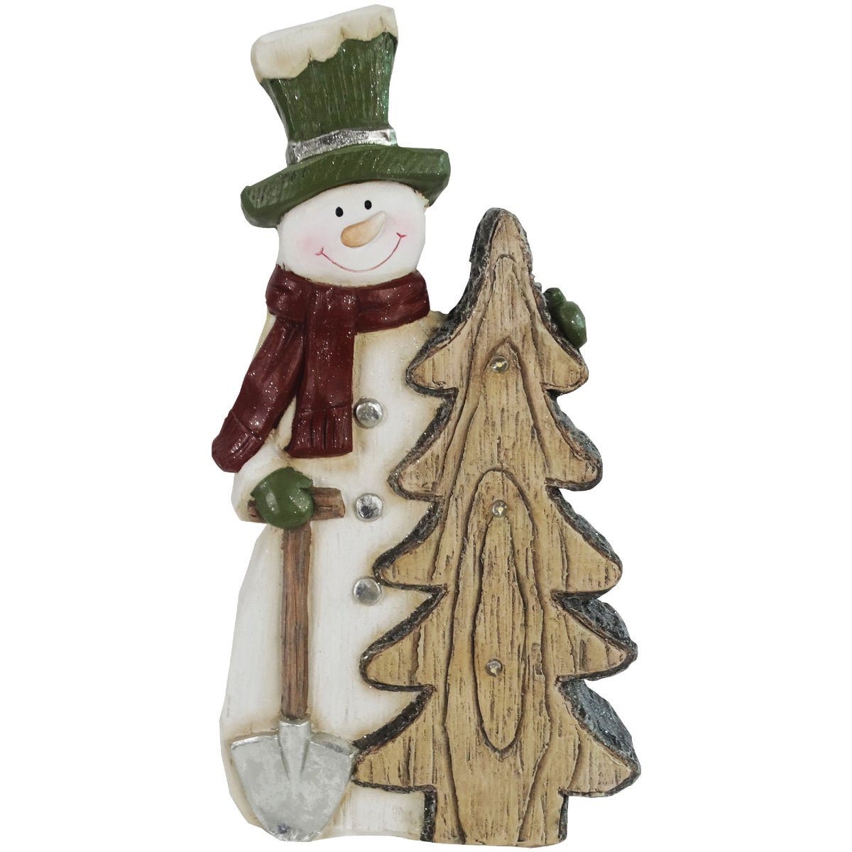 Alpine Snowman and Wood-like Tree Statue with LED Lights and Timer