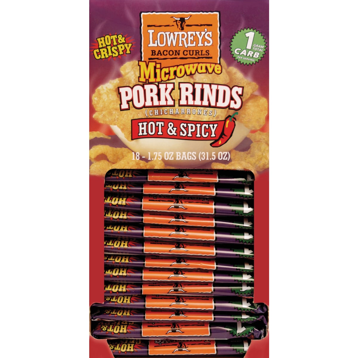 Lowrey's Bacon Curls 1.75 Oz. Hot & Spicy Microwave Pork Rinds