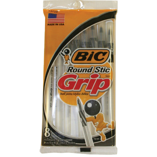 Bic Round Stic Grip Medium Point Black Pen (8-Pack)