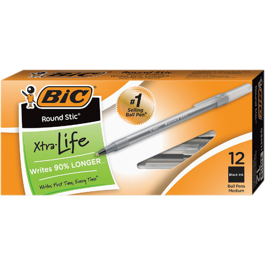 Bic Round Stic Medium Point Black Ballpoint Pen (12-Pack)