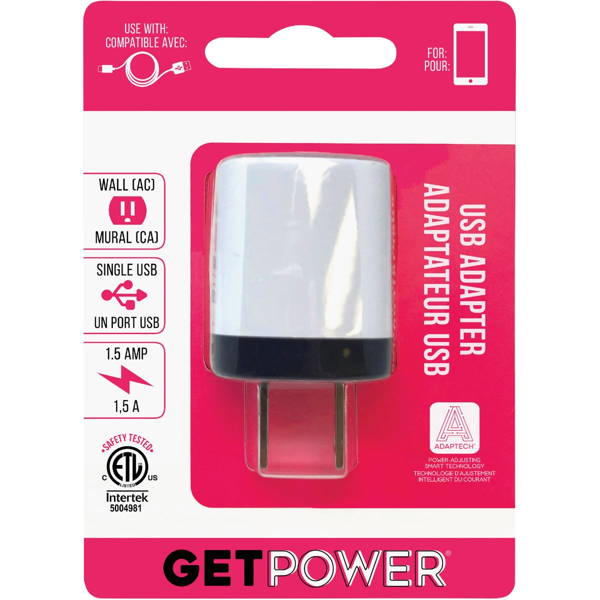 GetPower Single USB to AC White Wall Adapter Charger